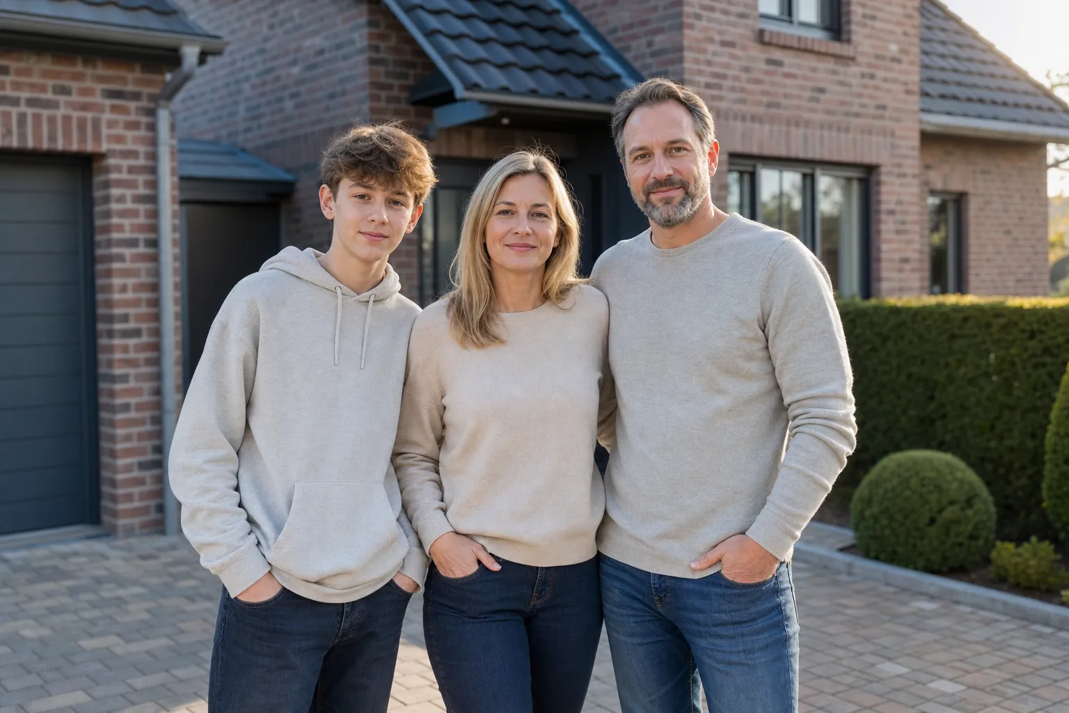 Familie vor ihrem Wohnhaus — Privatkunden im Wohnbereich